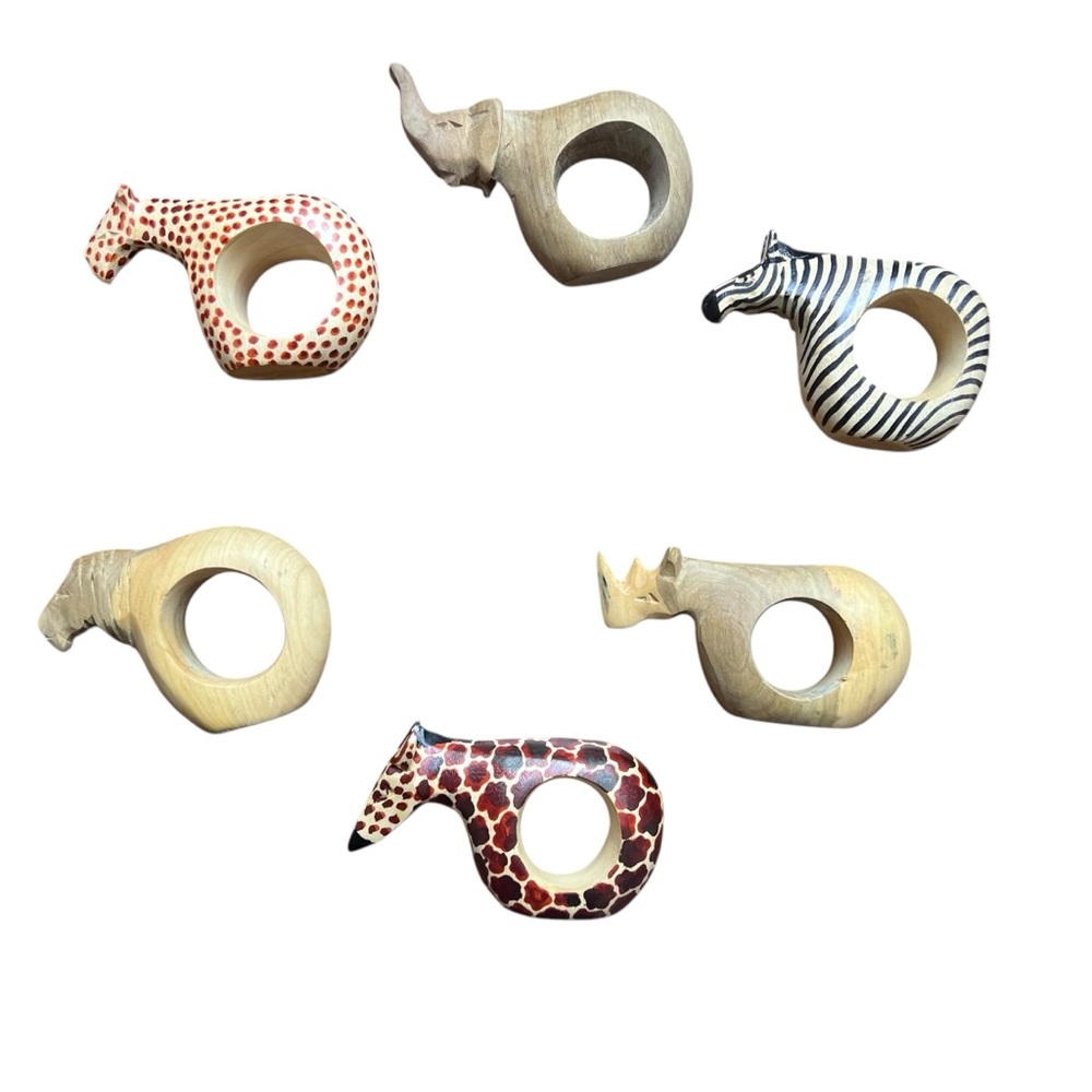 Carved Wooden Animal Napkin Rings Set of 6